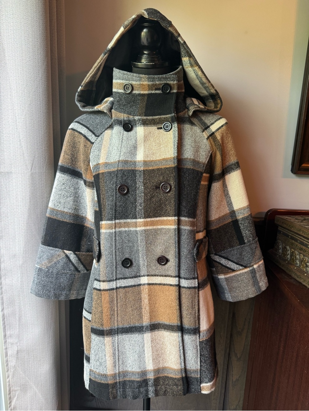 Pins & Needles Plaid Double-Breasted Hooded Pea Coat - Gray & Brown